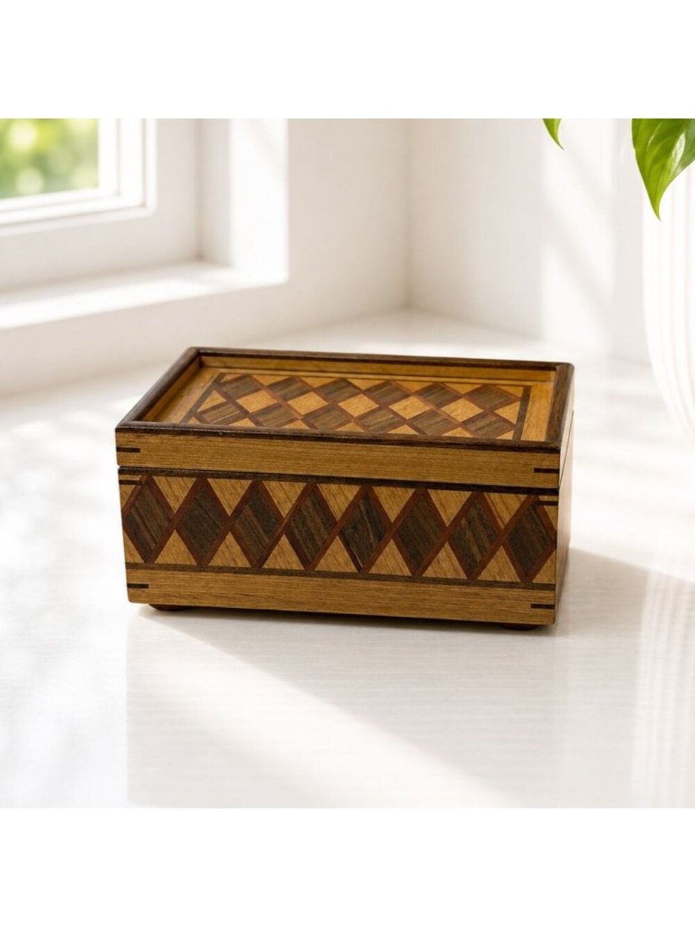Vintage Handcrafted Wooden Jewelry Box with Diamond Inlay Artisan Keepsake Box